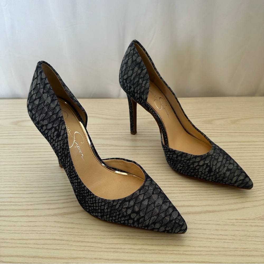 Jessica Simpson D’orsey Blue Denim Snake Print Stiletto Claudette Heels Size 7